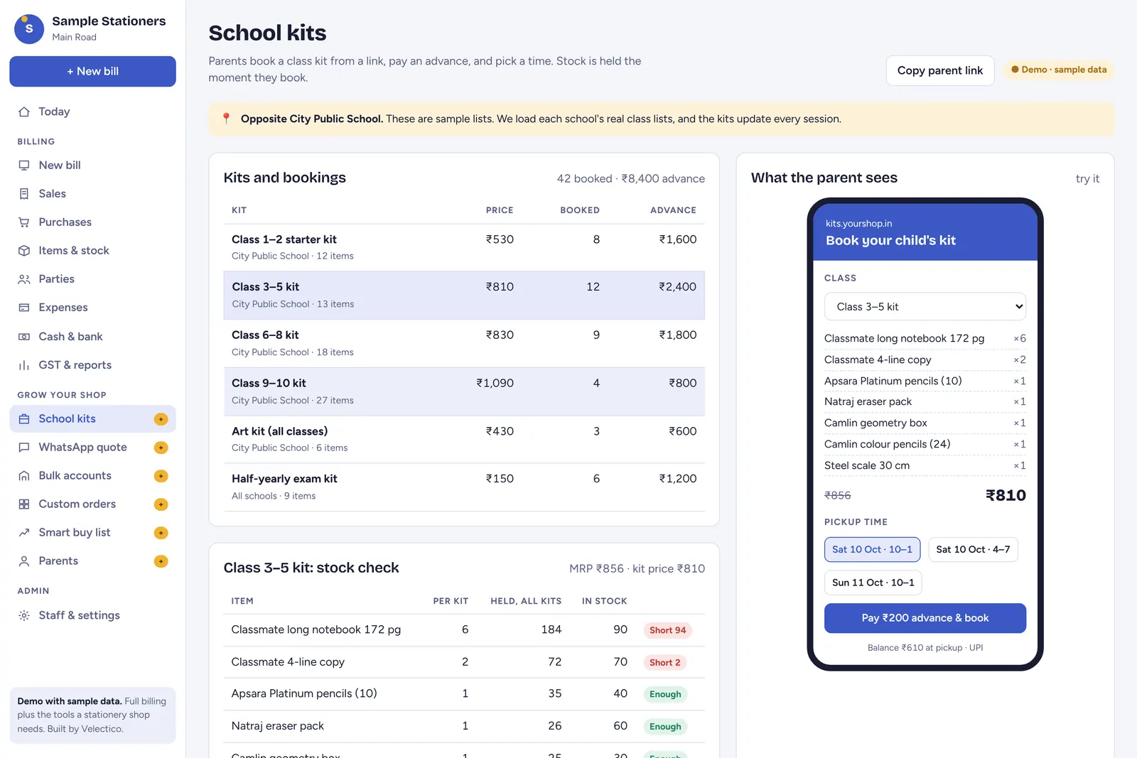School kit bookings and what the parent sees